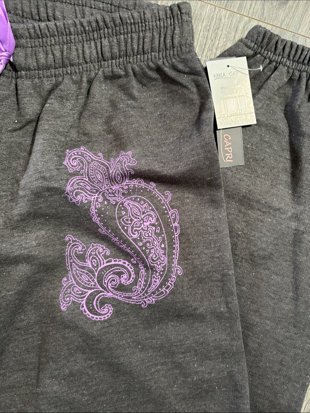 Nina Capri Dark Gray Joggers with Purple Paisley Accent - Picture 6 of 9